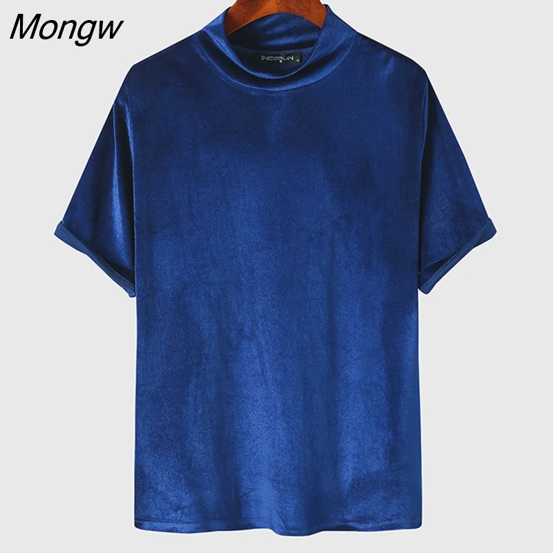 Mongw Men Casual T Shirt Velour Turtleneck Short Sleeve Solid Color Camisetas 2023 Fashion Streetwear Cozy Men Clothing S-5XL