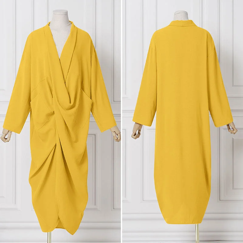 VONDA Women Long Sleeve V Neck Split Hem Dress Summer Spring Casual Pleated Long Maxi Dresses Femme Party Vestidos With Pockets