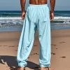 Men's Linen Plain Comfort Breathable Full Length Casual Pants by Inlyline