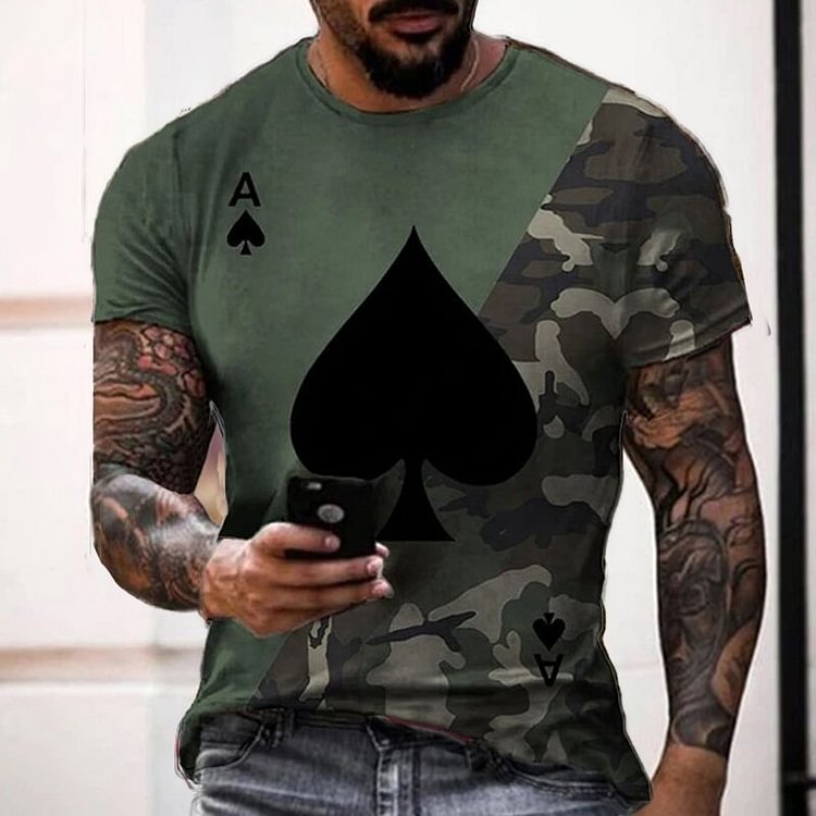 Men's Camouflage Contrast Color Poker Print T-Shirt