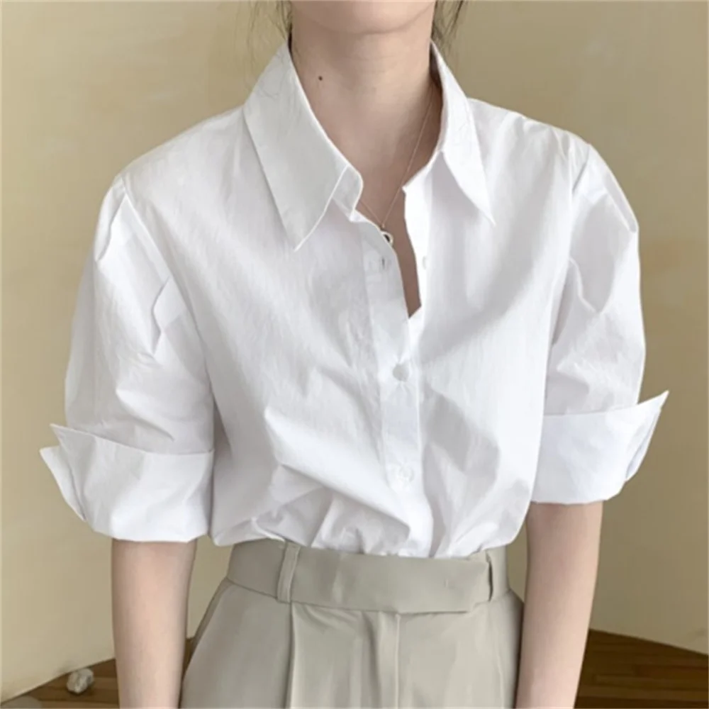 Jangj Alien Kitty Summer Korean Hot Shirts OL Women S-M Stylish Casual New Chic 2022 Short Sleeves Solid Gentle Lady Office Wear Tops