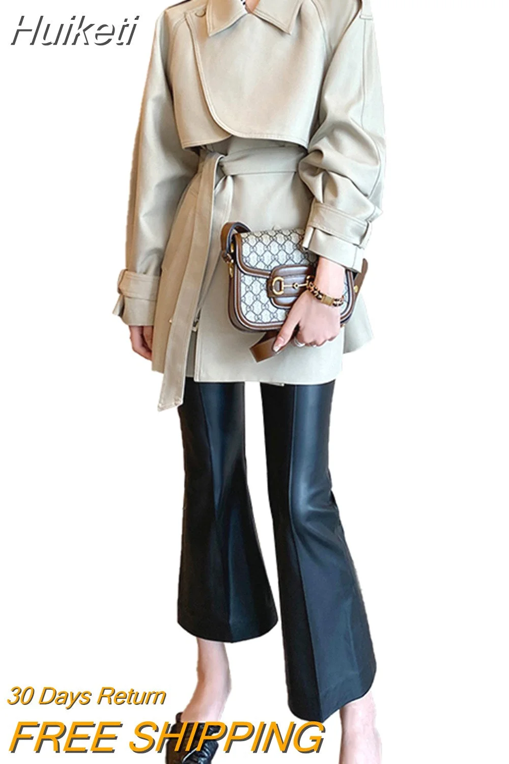 Huiketi Spring Autumn Elegant Chic Trench Coat for Women with Raglan Sleeve Belt Double Breasted Luxury Designer Clothes 2023