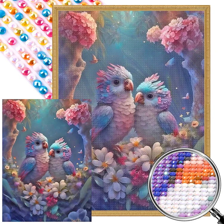 Partial AB Drill - Full Round Diamond Painting - A Pair Of Colorful Lovebirds 40*55CM