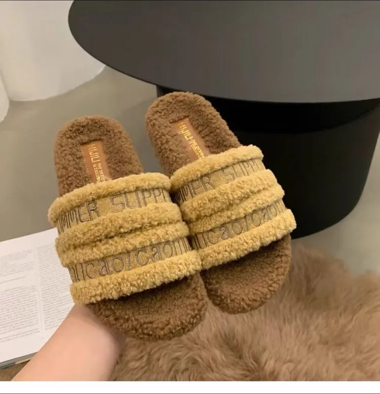 Wongn Wongn Autumn / Winter New Fashion Letter One Word Outside Wear Plush Slippers Wool Slippers Women's Shoes