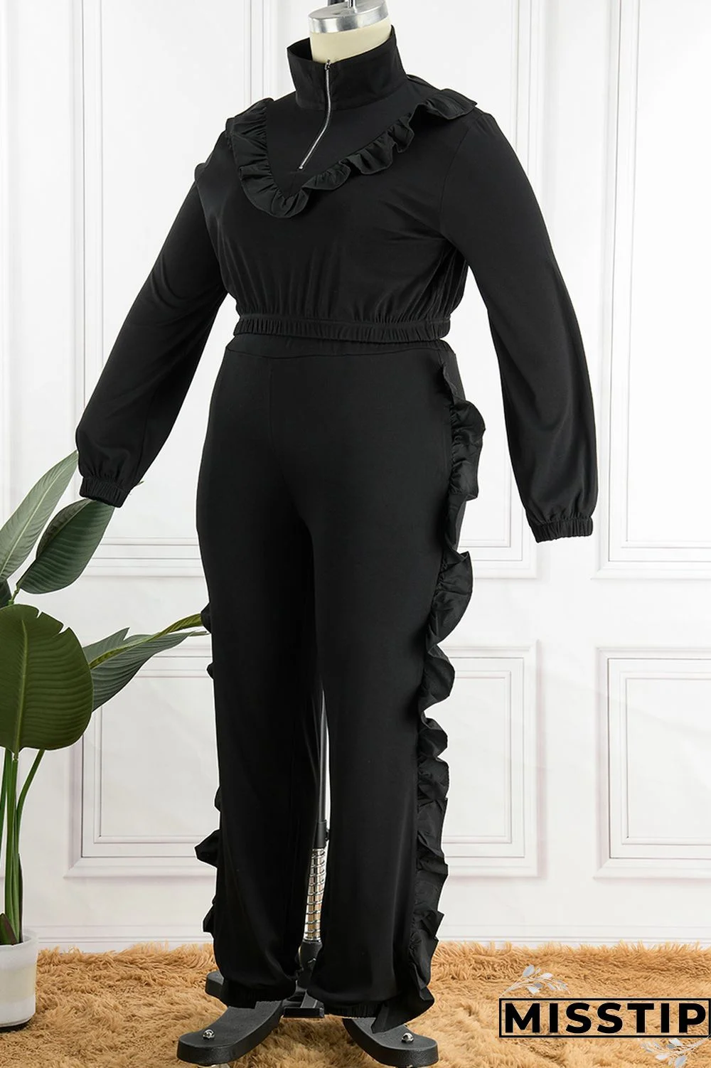 Black Casual Solid Patchwork Zipper Collar Plus Size Two Pieces