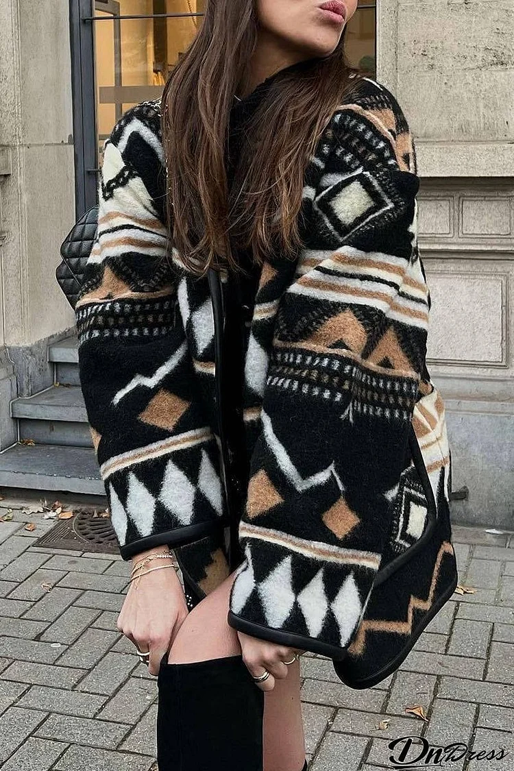 Casual Street Geometric Print Pocket U Neck Outerwear