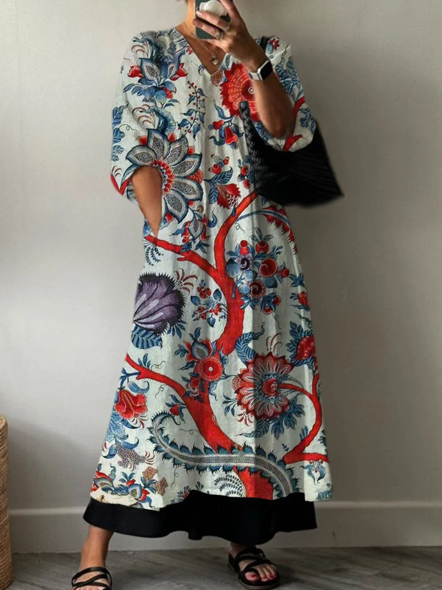 Women's  Boho Vintage Floral Print Pocket V-neck Cotton Dress