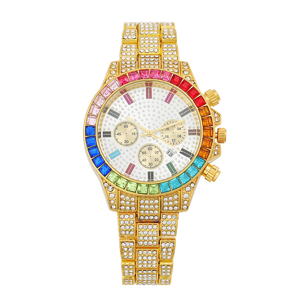 Iced Out Mix Colored Rhinestone Round Dial Quartz Watches