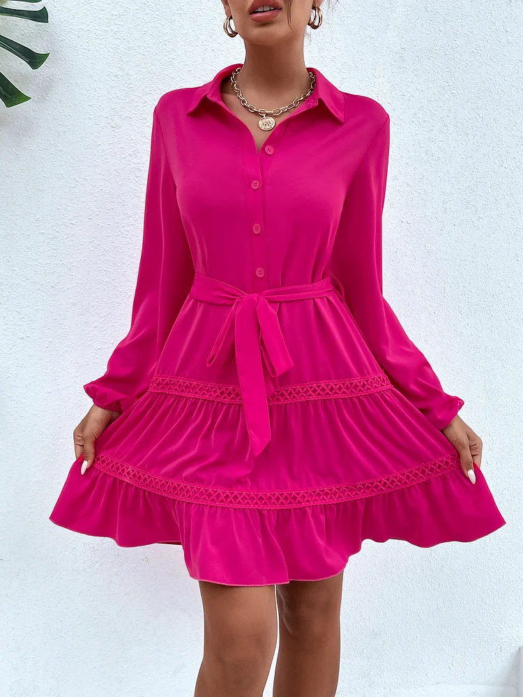 Casual Fashion Sexy Solid Color Tie Stand Collar Long Sleeve Mini Dress