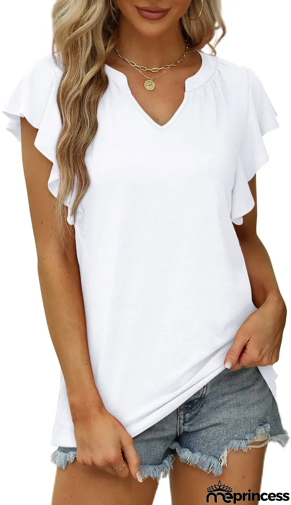 Summer Sexy V-Neck Ruffled Solid Color Short-Sleeved T-Shirt