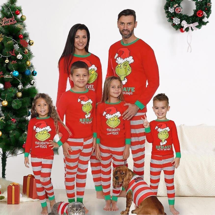 Family Matching Elf Print Merry Christmas Striped Pajamas Set
