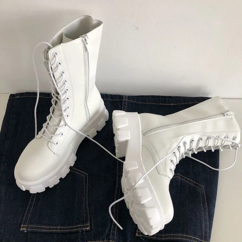 2021 New Mid Calf Boots Women Autumn Winter Fashion Lace-up Zipper Botas Mujer Boots Sports Platform Heel Ladies Shoes