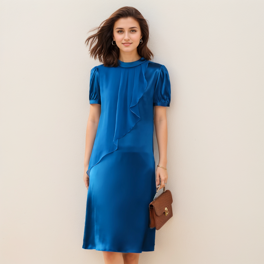 Robe en soie unie à col volanté- SOIE PLUS