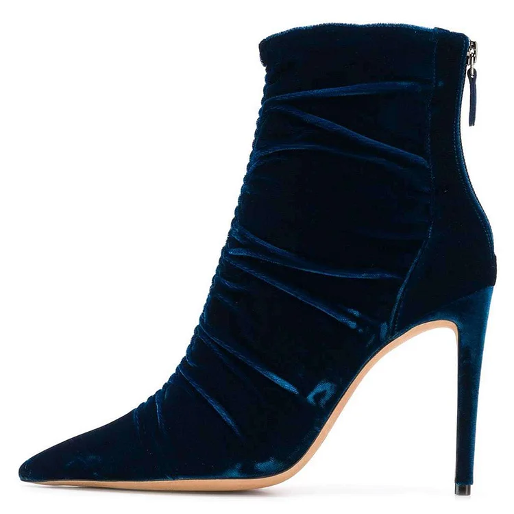 Dark Blue Velvet Stiletto Boots Pointy Toe Ankle Boots |FSJ Shoes