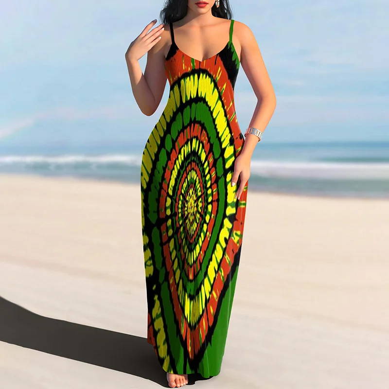 African Color Swirl Gradient Suspenders Maxi Dress