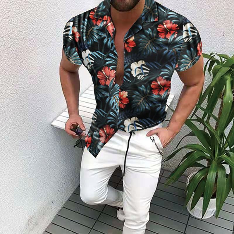 Summer Hawaiian Casual Men Short Sleeves Floral Holiday Blouse Shirts-VESSFUL