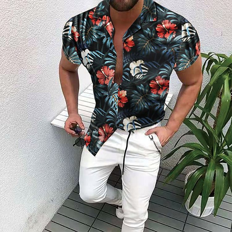 Summer Hawaiian Casual Men Short Sleeves Floral Holiday Blouse Shirts