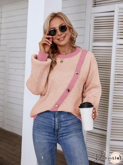 Decorative Button Round Neck Sweater