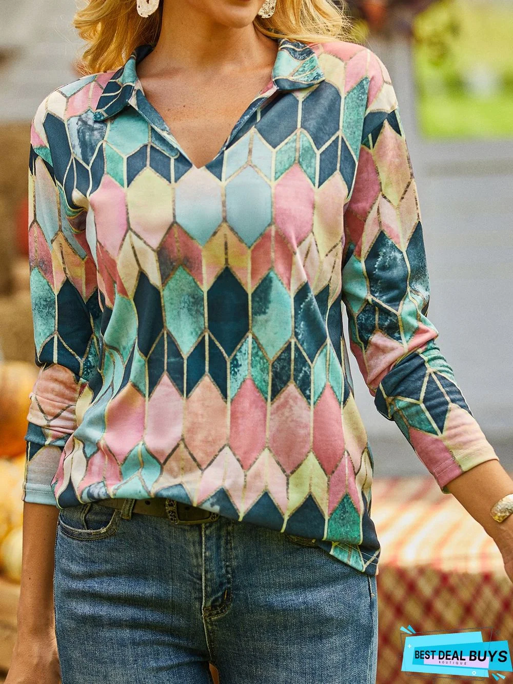 Color-Block Long Sleeve Shirt Collar Abstract Blouse