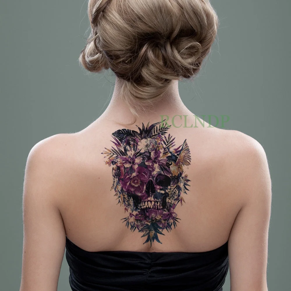 Waterproof Temporary Tattoo Sticker Skull head Clock Fake Tatto Flash Tatoo Back Leg Arm belly big size for Women girl Men