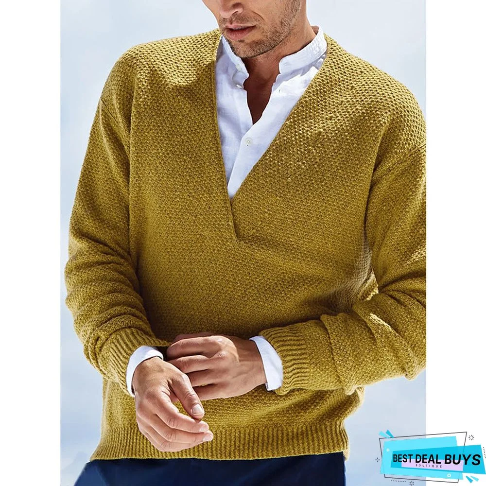 Solid Color Long Sleeve V-Neck Knitted Men's Sweater