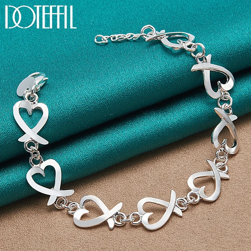 925 Sterling Silver Full Love Heart Chain Bracelet For Women Jewelry