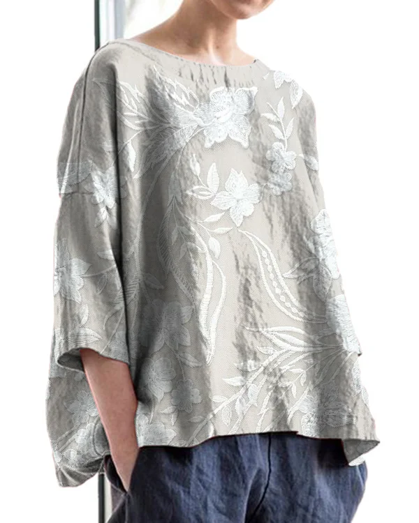 Vintage Floral Lace Embroidery Print Round Neck Linen Loose Top