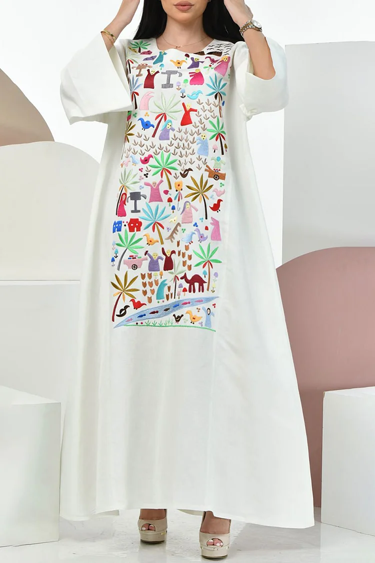 Multicolor Embroidery Round Neck Long Sleeve Loose-Fit Maxi Dresses