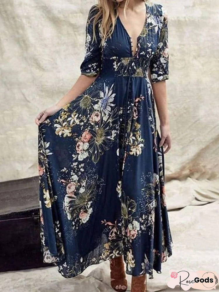 Women's Swing Dress Maxi Long Dress Blue Green Half Sleeve Floral Ruffle Print Summer V Neck Hot Casual Boho