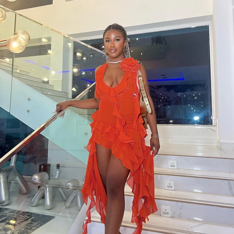 Women  Mesh See Through Dress  Rose Red Ruffles Bodycon Midi Dress Summer Irregular Beach Party Club Fairy Outfits 2023
