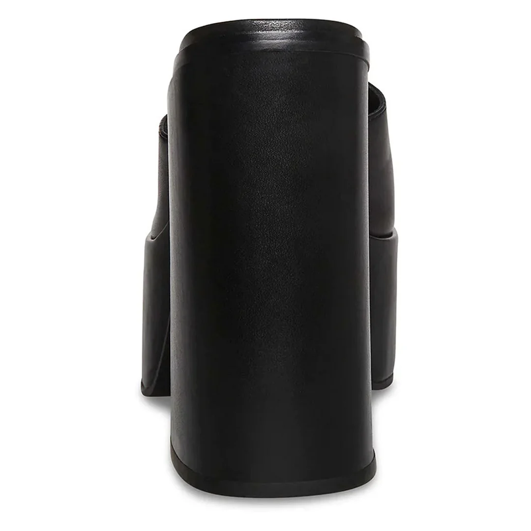 Vegan Leather Square Toe Wide Band Block Heel Black Mules for Women