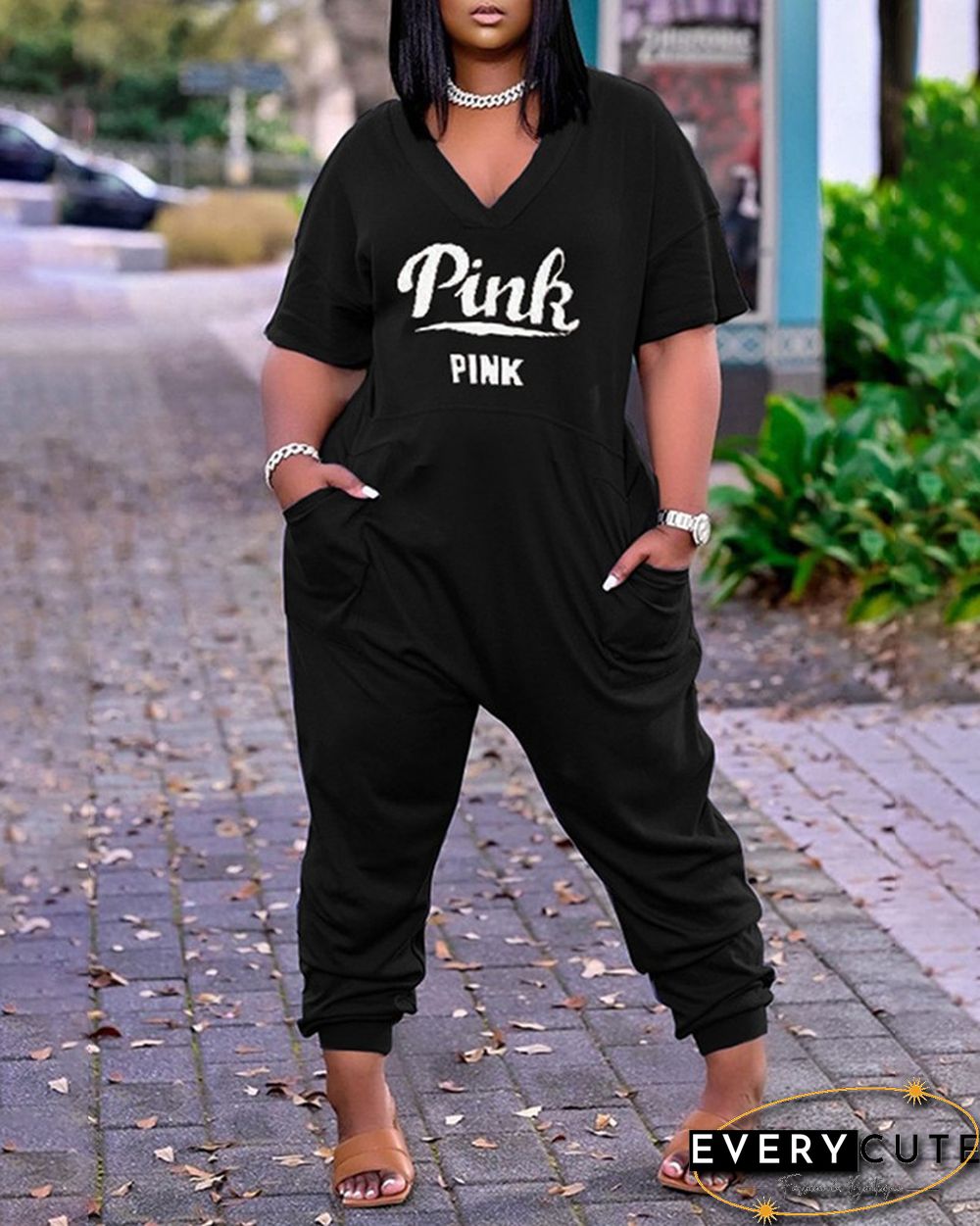 Letter Print V-Neck Short Sleeve Pocket Design Jumpsuit