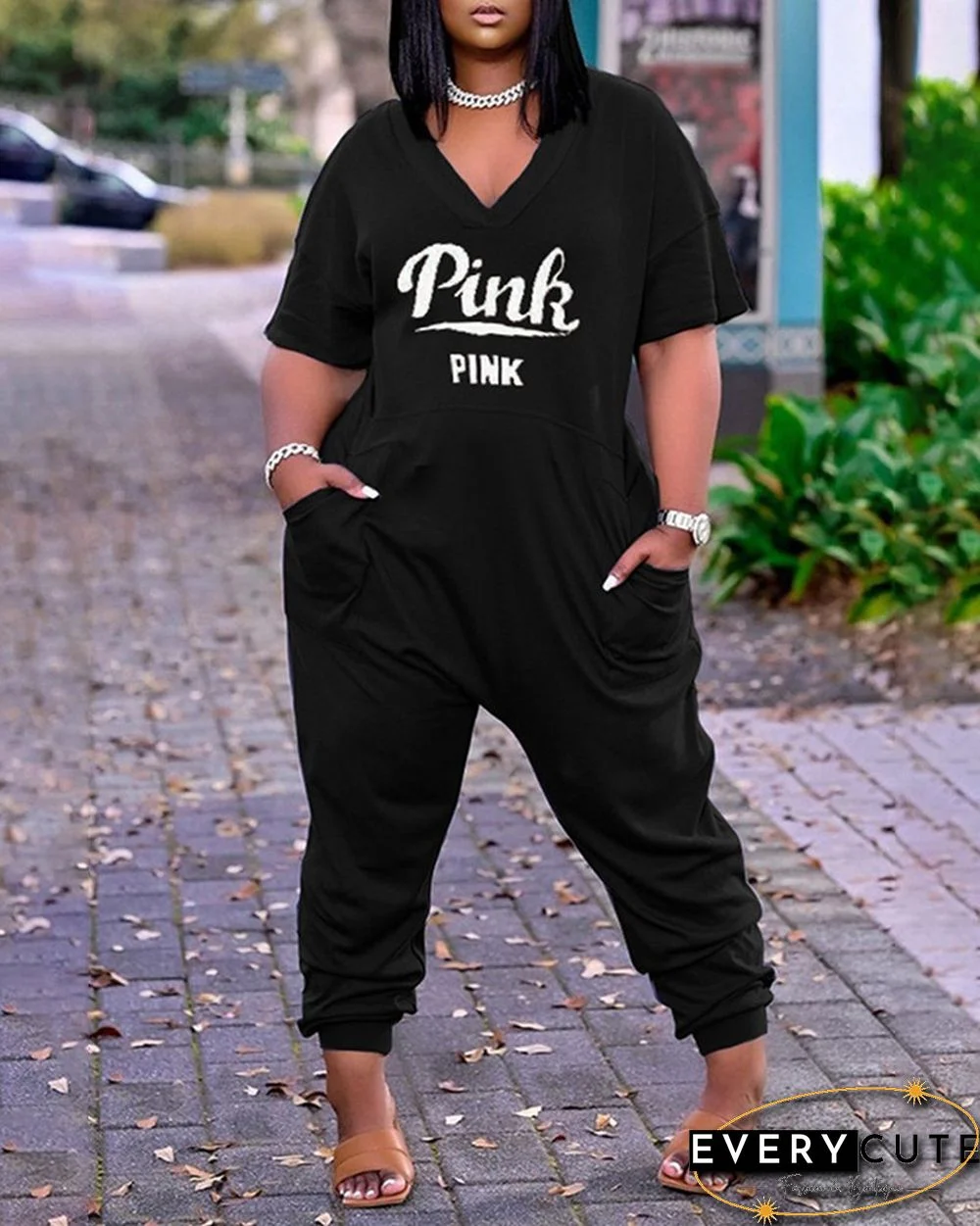 Letter Print V-Neck Short Sleeve Pocket Design Jumpsuit