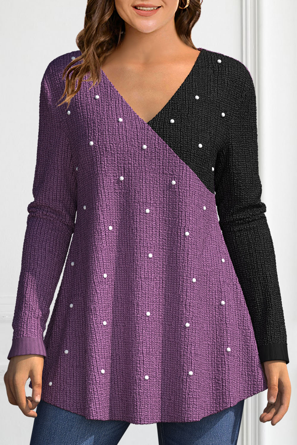 Flycurvy Plus Size Casual Purple Contrast Color Patchwork Pearls Decor Sweater