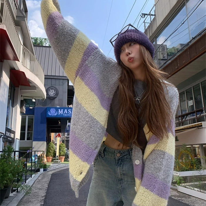 Aiertu casual fall outfits Color Matching Striped Sweater Coat Early Autumn Loose Soft Glutinous Lazy Knitted Cardigan for Women aiertu