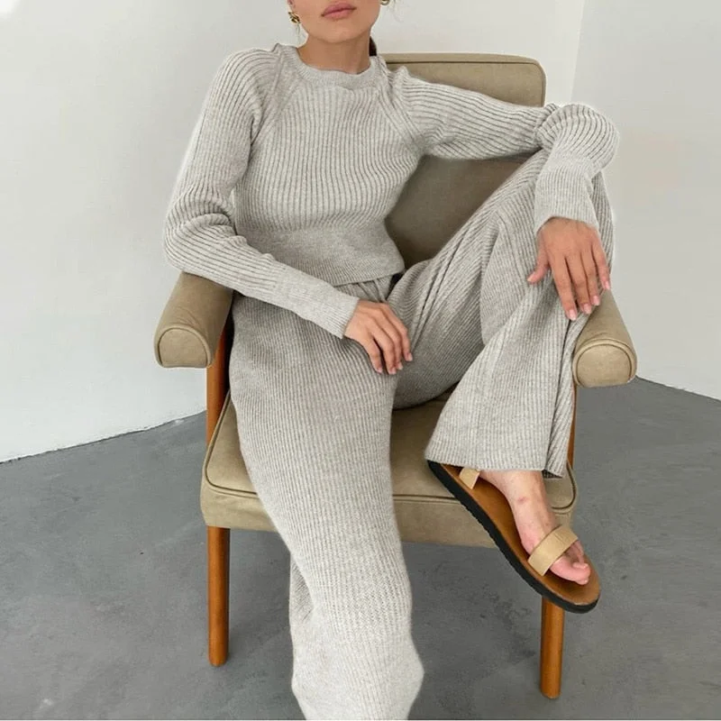 Summer Knitted Sweat Suits Women Matching Sets Long Sleeve Hoodie+wide-legged Pants Loungewear Sweater Set Two Piece Outfits