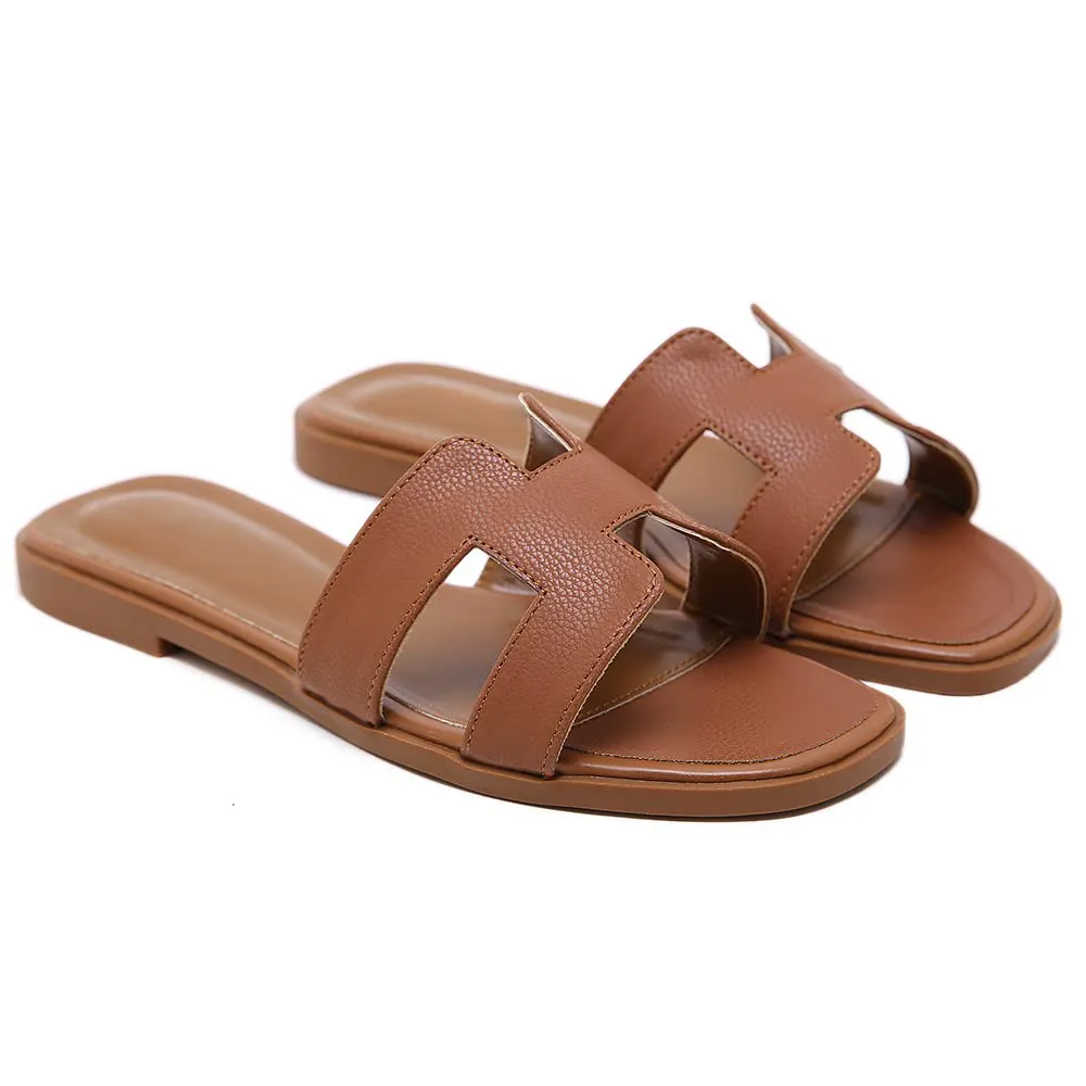 Women's Square Open Toe Summer Casual Flat Litchi Slippers-vocosishoes