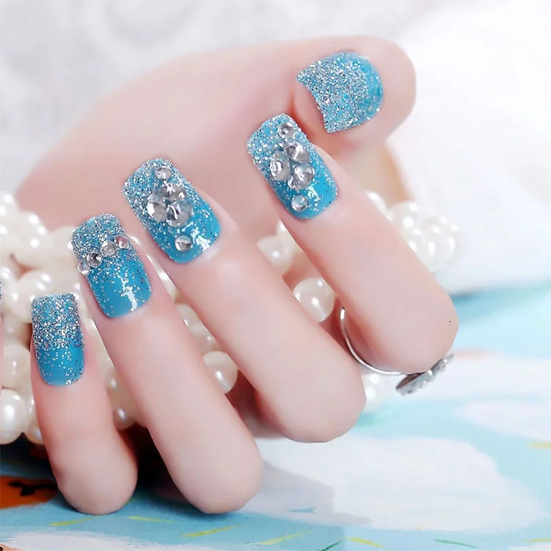 Wedding Beauty Fake Nails DIY Glitter Acrylic Full Cover Nail Art Tips with Glue Girls Shining Rhinestones Fashion False Nail-Nail Inspo