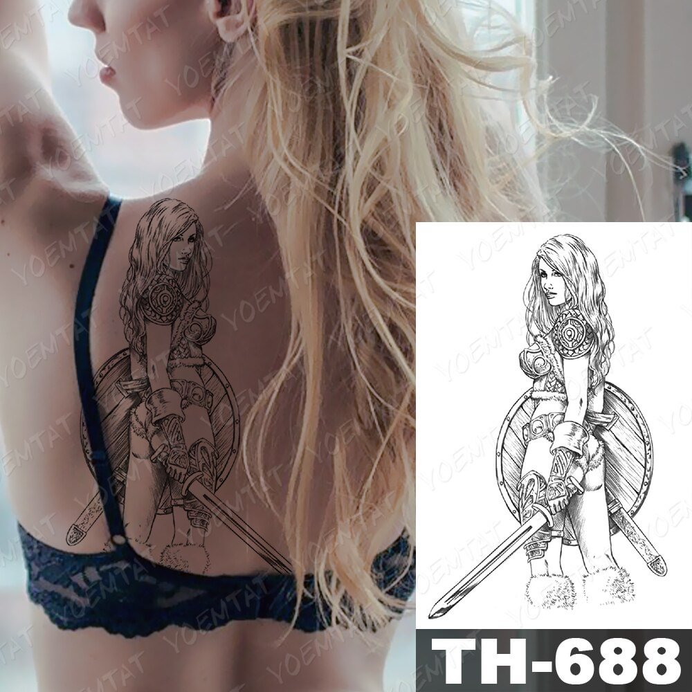 Gingf Temporary Tattoo Stickers Beauty Viking Warrior Soldier Knife Black Flash Tattoos Female Sketch Body Art Fake Tatoo M