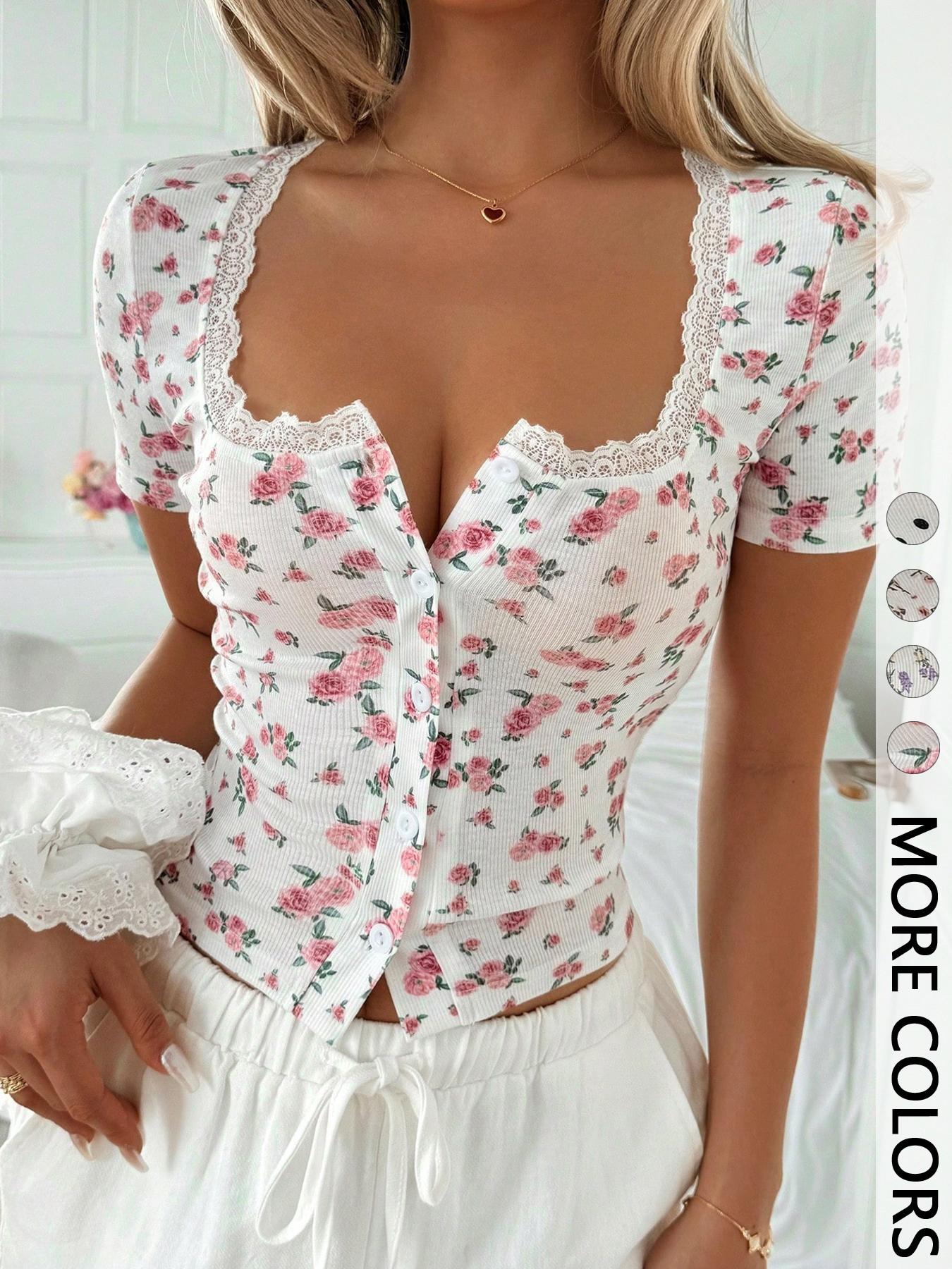 Sweetheart Neck Lace-Trim Short-Sleeve Floral Print Fitted Crop Top, Y2K Casual Aesthetic Cute Style for Daily Wear, Womenswear