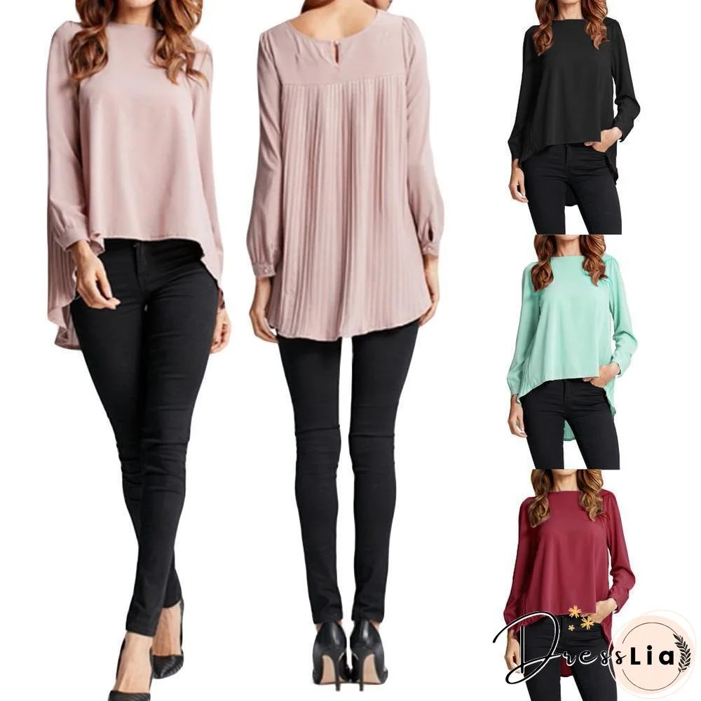 Chiffon Blouse Pleated Back Long Sleeve Asymmetric Shirt Loose Casual Plus Size Tops