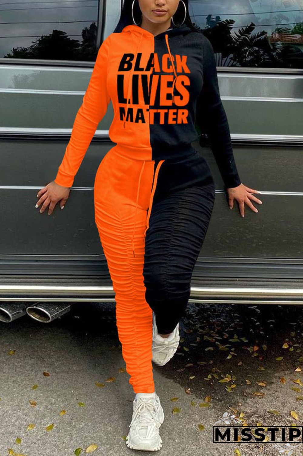 Tangerine Street Print Fold Hooded Collar Long Sleeve Regular Sleeve Regular Two Pieces