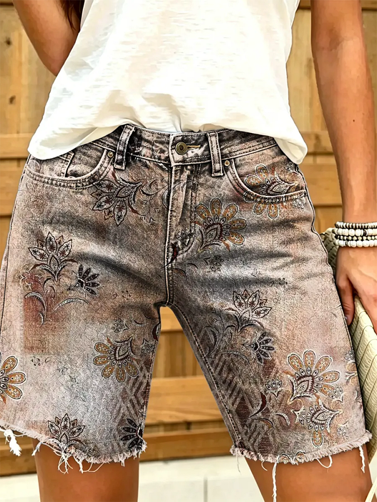Women's Vintage Floral Print Denim Shorts