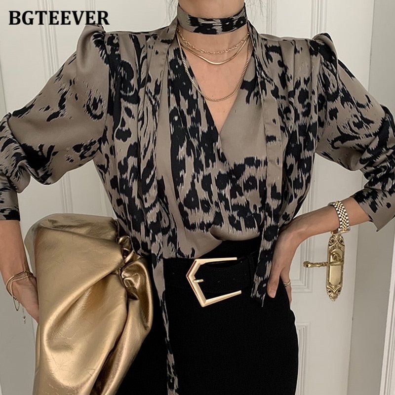 BGTEEVER Fashion Chic V-neck Leopard Print Women Blouse and Tops 2021 Spring Long Sleeve Loose Female Shirts Blusas Mujer