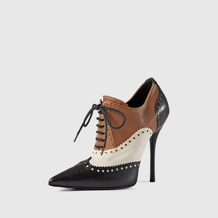 Vintage Tricolor Pointed Toe Brogue Inspired Lace Up Oxford Heels |FSJ Shoes