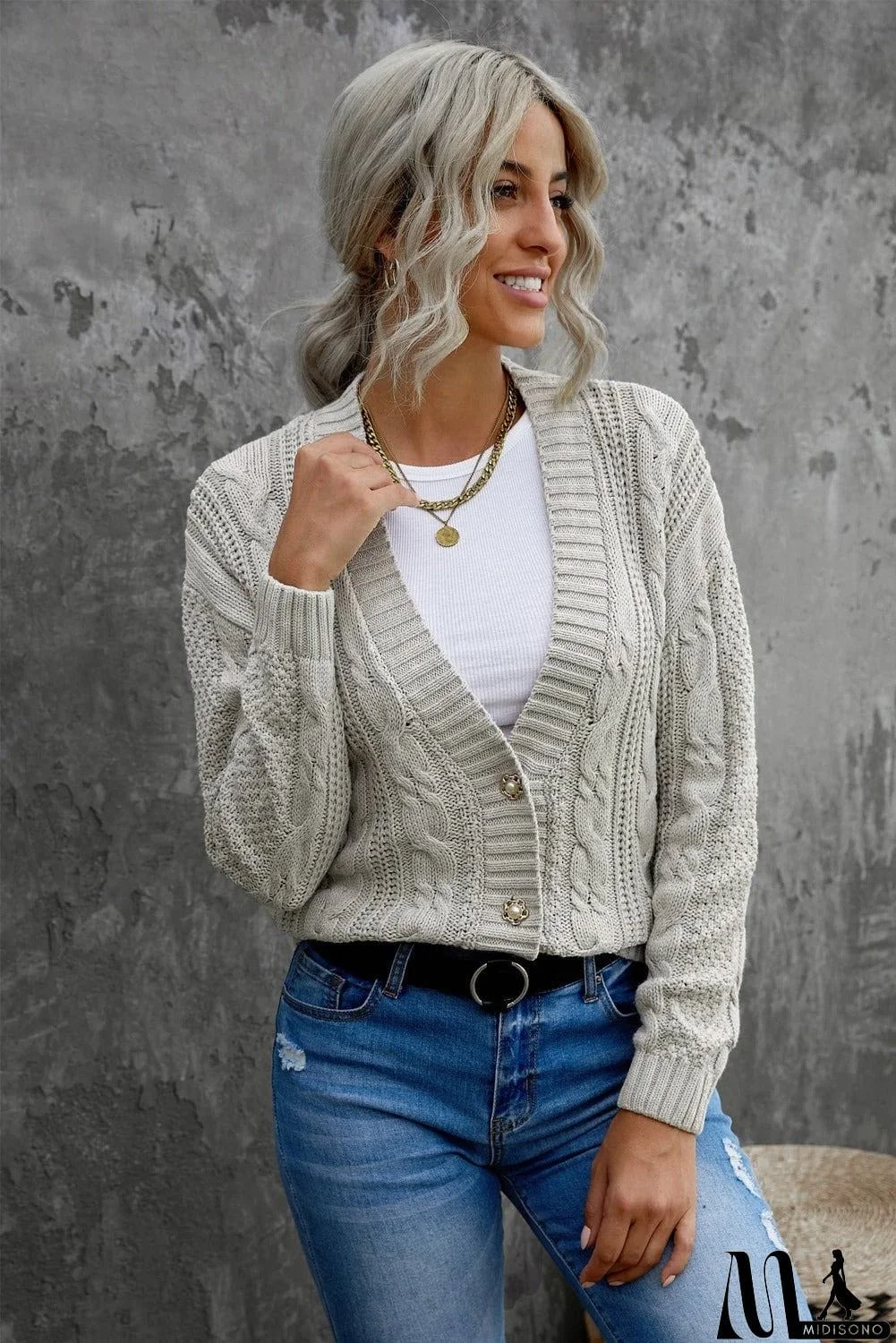 MidiSono - Buttons Weave Knit Cardigan