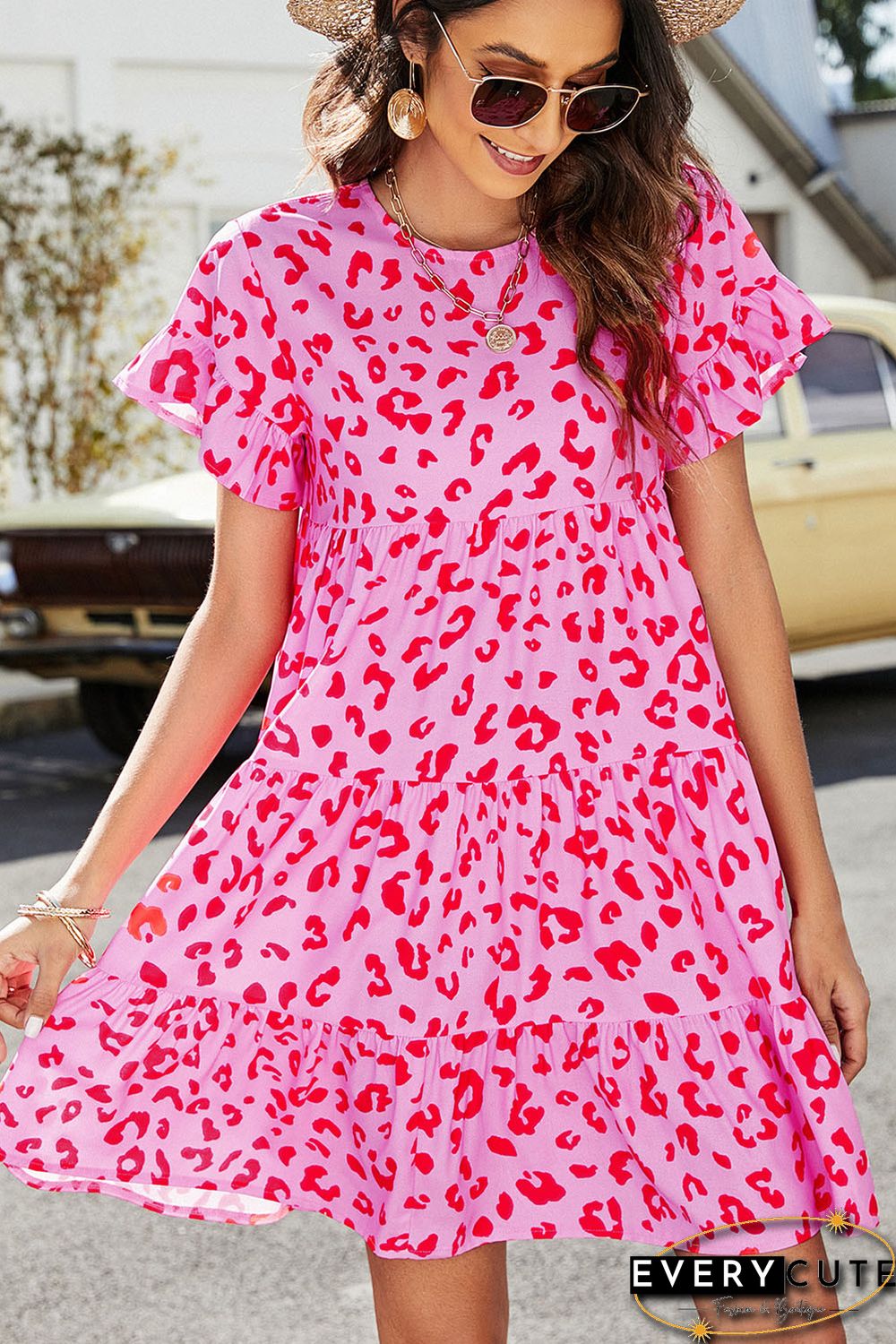 Pink Leopard Print Ruffle Short Sleeve Tiered Dress