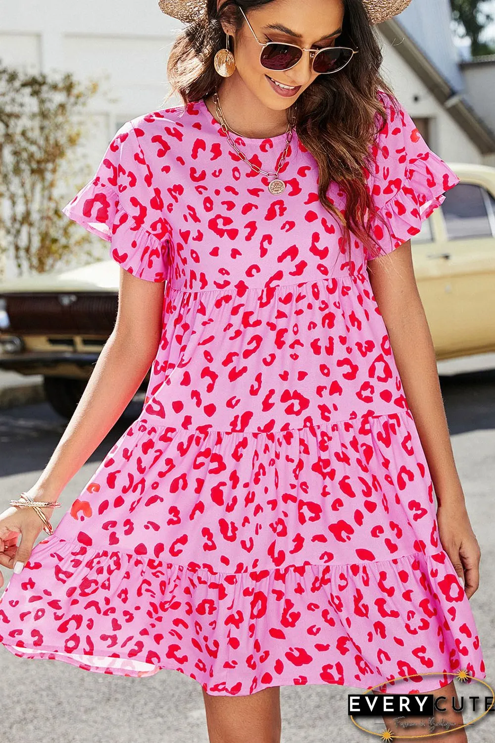 Pink Leopard Print Ruffle Short Sleeve Tiered Dress