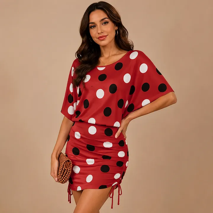 SFneewho® Big Black White Red Polka Dots Ladybug Large Spot Batwing Mini Dress Women Side Ruched Hips-Wrapped Bodycon Dress Party Outfit