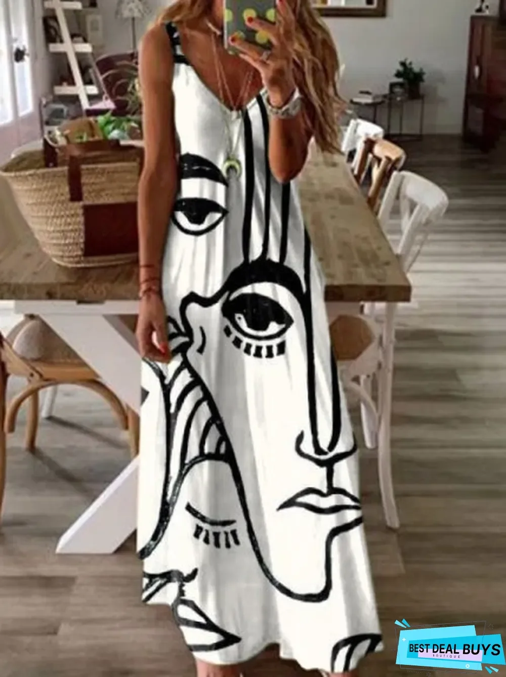 Abstract Sleeveless A-Line V Neck Dresses White Dresses